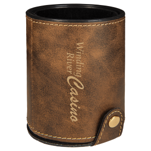 Dice Cup with 5 Dice, Laserable Leatherette - Rustic/Gold
