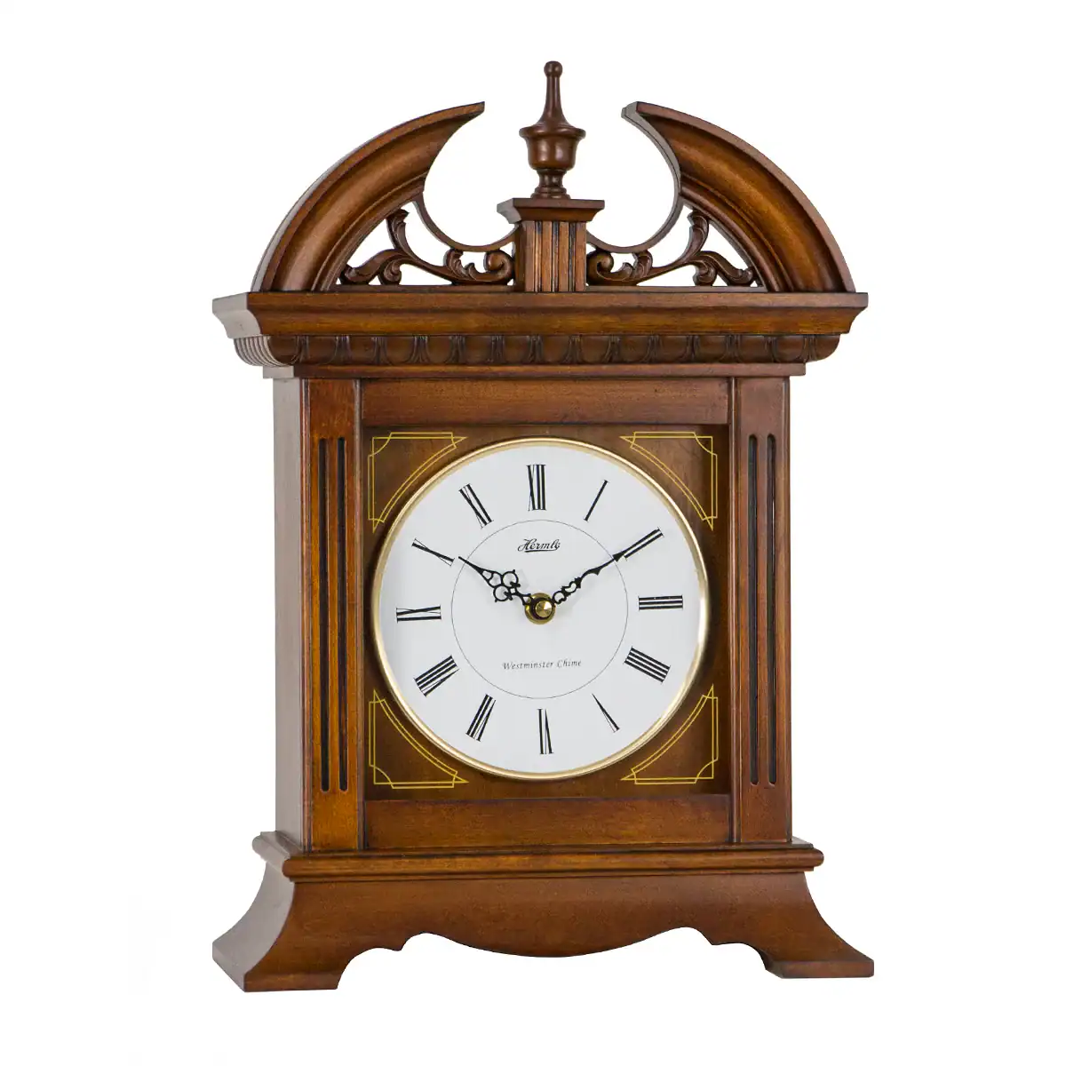 Elegant Hermle Hamilton mantel clock with wooden case and Roman numerals.