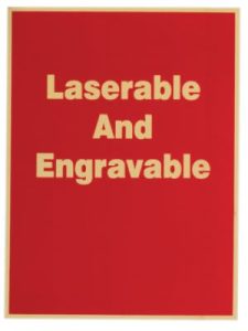 Red and gold brass plaque, 3x5 inches, laser engravable and customizable.