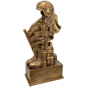 Military Resin Helmet on Rifle with Flag and Boot 8 3/4" Antique Gold