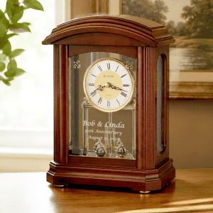A beautifully crafted wooden anniversary clock with personalized engraving, perfect for elegant home.