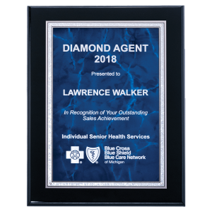 Airflyte  Black High Gloss Plaque with Sapphire Marble/Silver Florentine Border Plate 9" x 12"  P5349